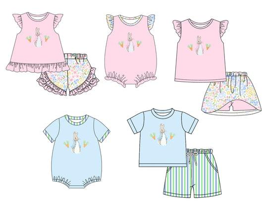 Baby Boy Girl Short Sleeves Easter Rabbits Carrots Sibling Dress Romper Clothes Set ( Moq 5 Each style ) 11.30