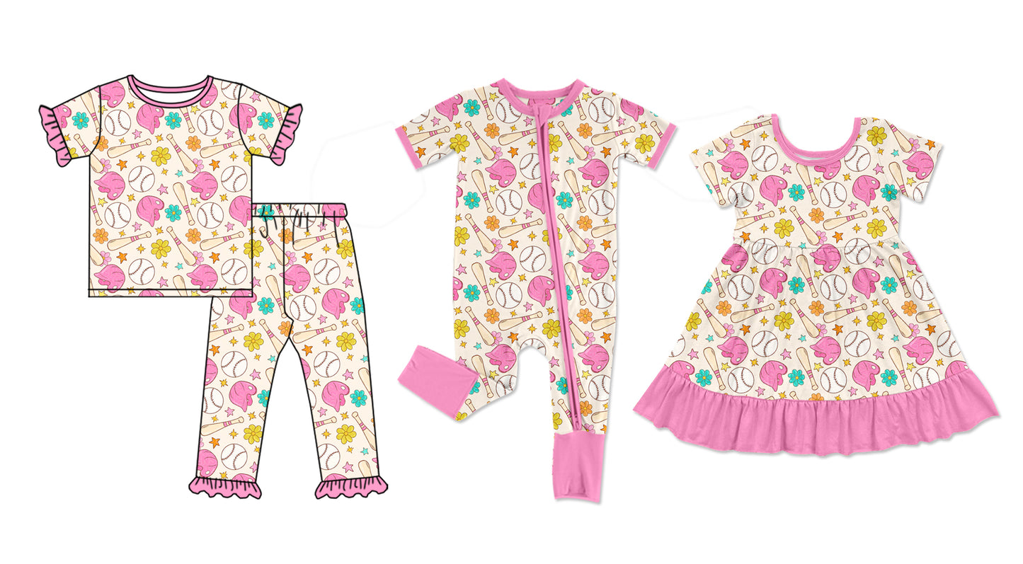 Baby Girl Short Sleeves Baseball Flower Sibling Romper Dress Clothes Set ( Moq 5 Each Design )11.28