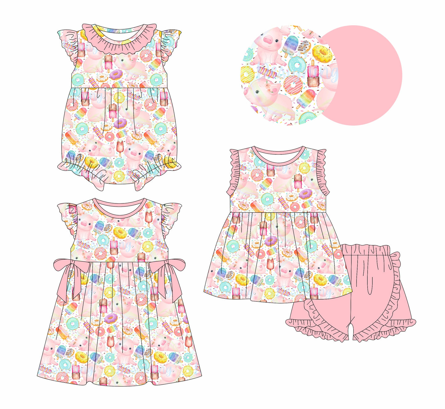 Baby Girl Donuts Pigs Sibling Dress Romper Set ( Moq 5 Each Style ) 1.6