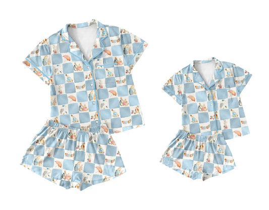 ( Moq 5 Each Style ) Baby Girl Adult Women Rabbits Blue Checked Easter Sibling Mommy And Me Family Pajamas Set