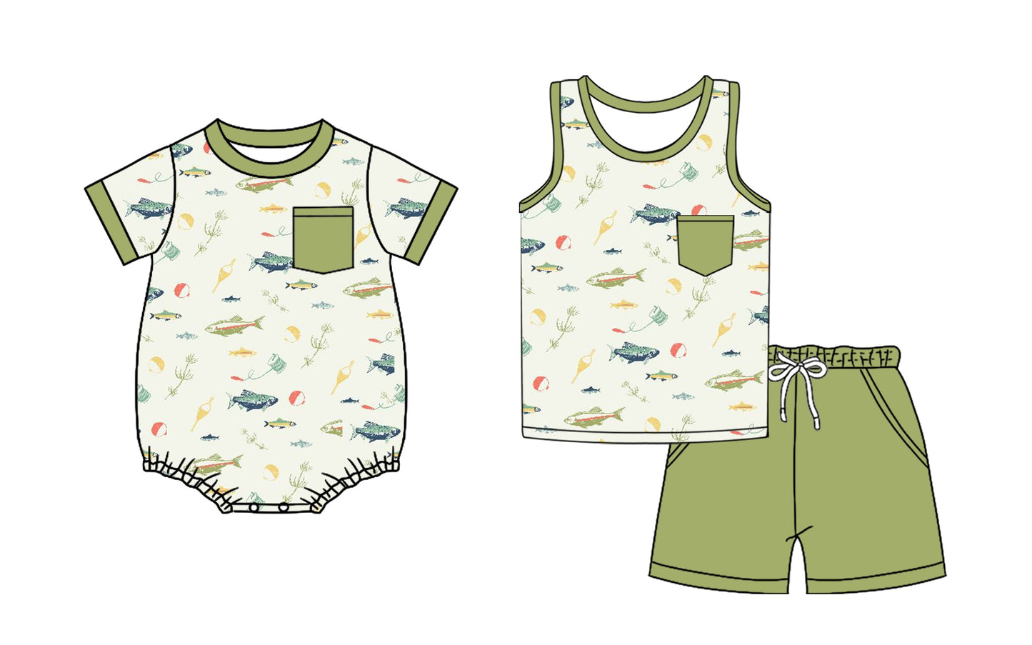 Baby Boy Fishing Green Pockets Sibling Romper Set ( Moq 5 Each Style ) 3.21
