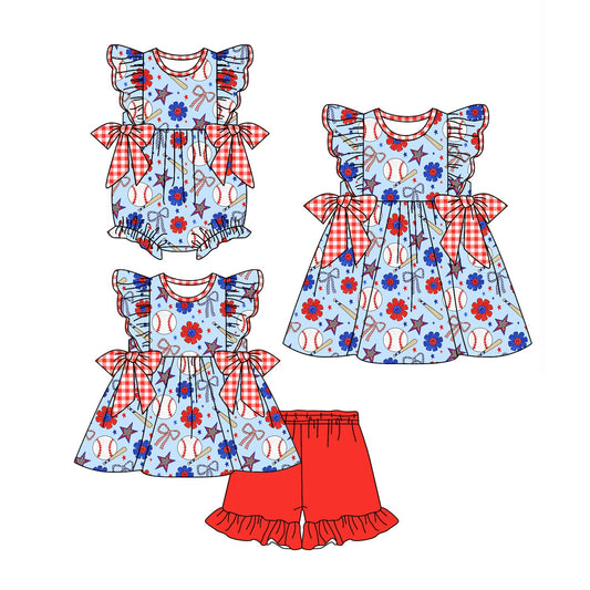Baby Girl Short Sleeves Baseball Bows Flower Sibling Romper Dress Set ( Moq 5 Each Style ) 4.1