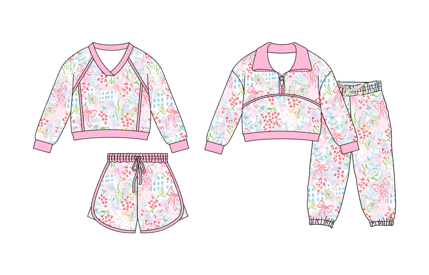 ( Moq 5 Each Style ) Baby Girls Kids Long Sleeves Floral Bows Tops Short Pants Sibling Sets