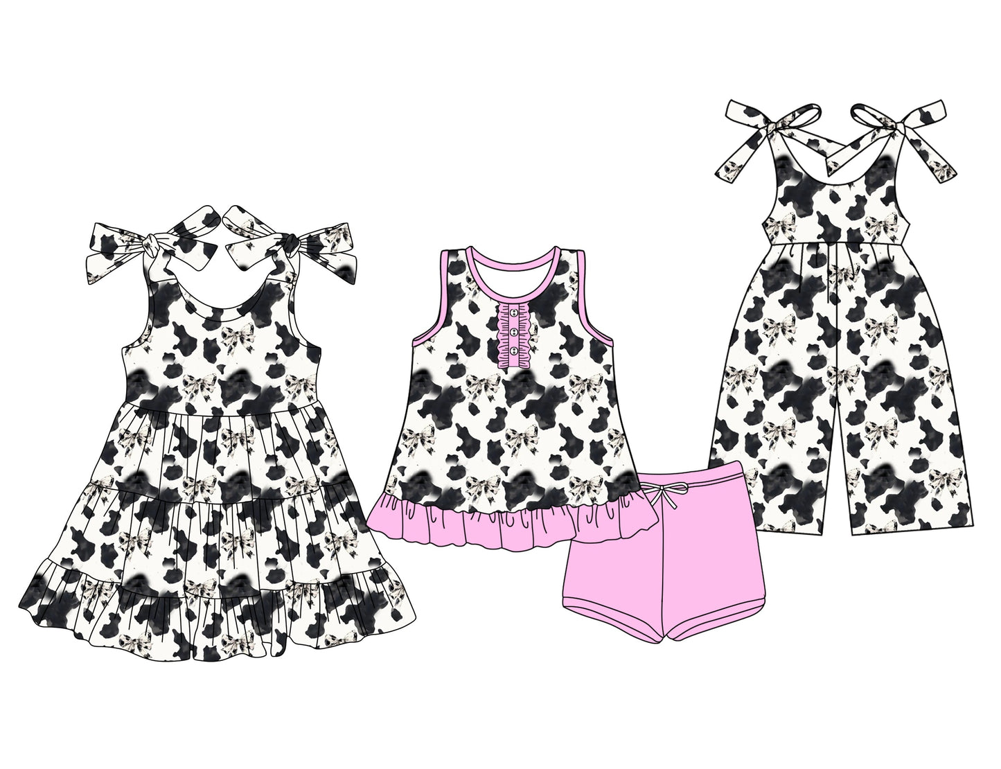 Baby Girl Western Cow Print Bows Sibling Jumpsuit Dress Set ( Moq 5 Each Style ) 3.13