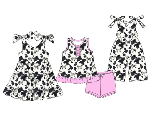 Baby Girl Western Cow Print Bows Sibling Jumpsuit Dress Set ( Moq 5 Each Style ) 3.13