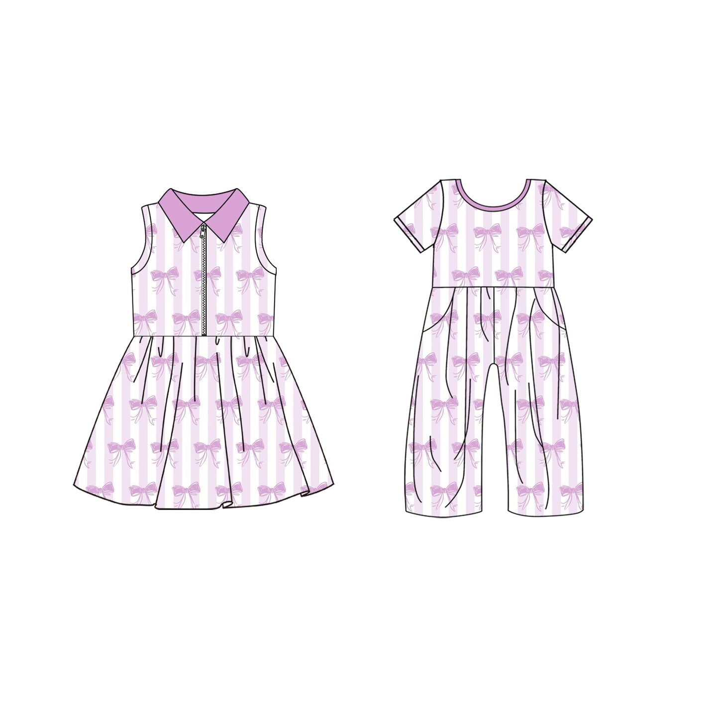 ( Moq 5 Each Style ) Baby Girl Purple Stripes Bows Sibling Dress Pockets Jumpsuit 4.25