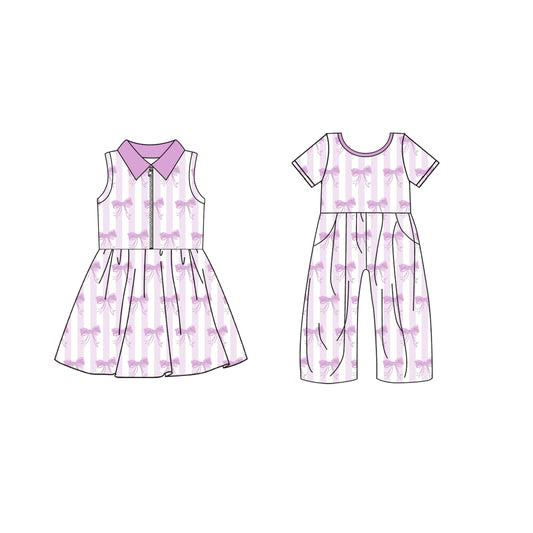 ( Moq 5 Each Style ) Baby Girl Purple Stripes Bows Sibling Dress Pockets Jumpsuit 4.25
