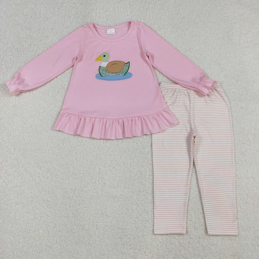 Baby Girl Pink Long Sleeves Embroidery Duck Tunic Stripes Pants Clothes Set RTS