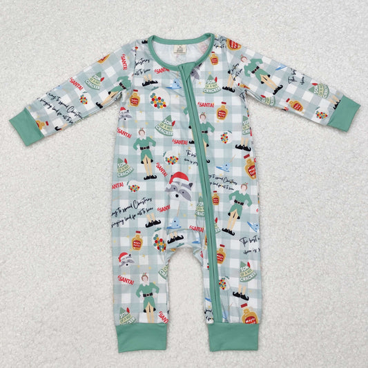 Baby Boy Long Sleeves Christmas Checkered Zipper Green Romper