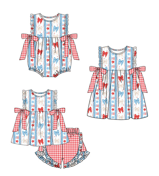 ( Moq 5 Each Style ) Baby Girls Kids Bows Flags Flower Sibling 4th of July Romper Dress Set