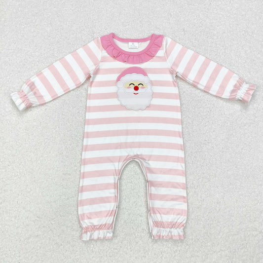 Baby Girl Long Sleeves Embroidery Christmas Pink Stripes Santa Romper