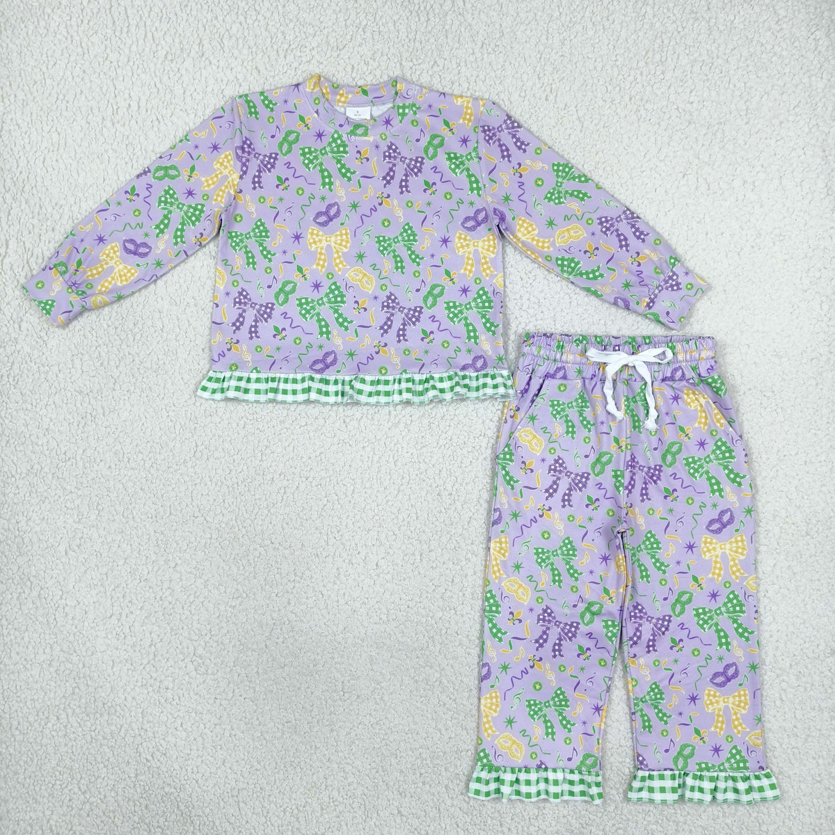 Baby Girls Kids Long Sleeves Masks Plaid Bows Shirt Pockets Pants Set Mardi Gras Clothes