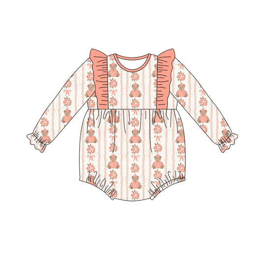 ( Moq 5 ) Preorder Baby Girls Infant Long Sleeve Bear Bows Flower Ruffle Bubble Romper