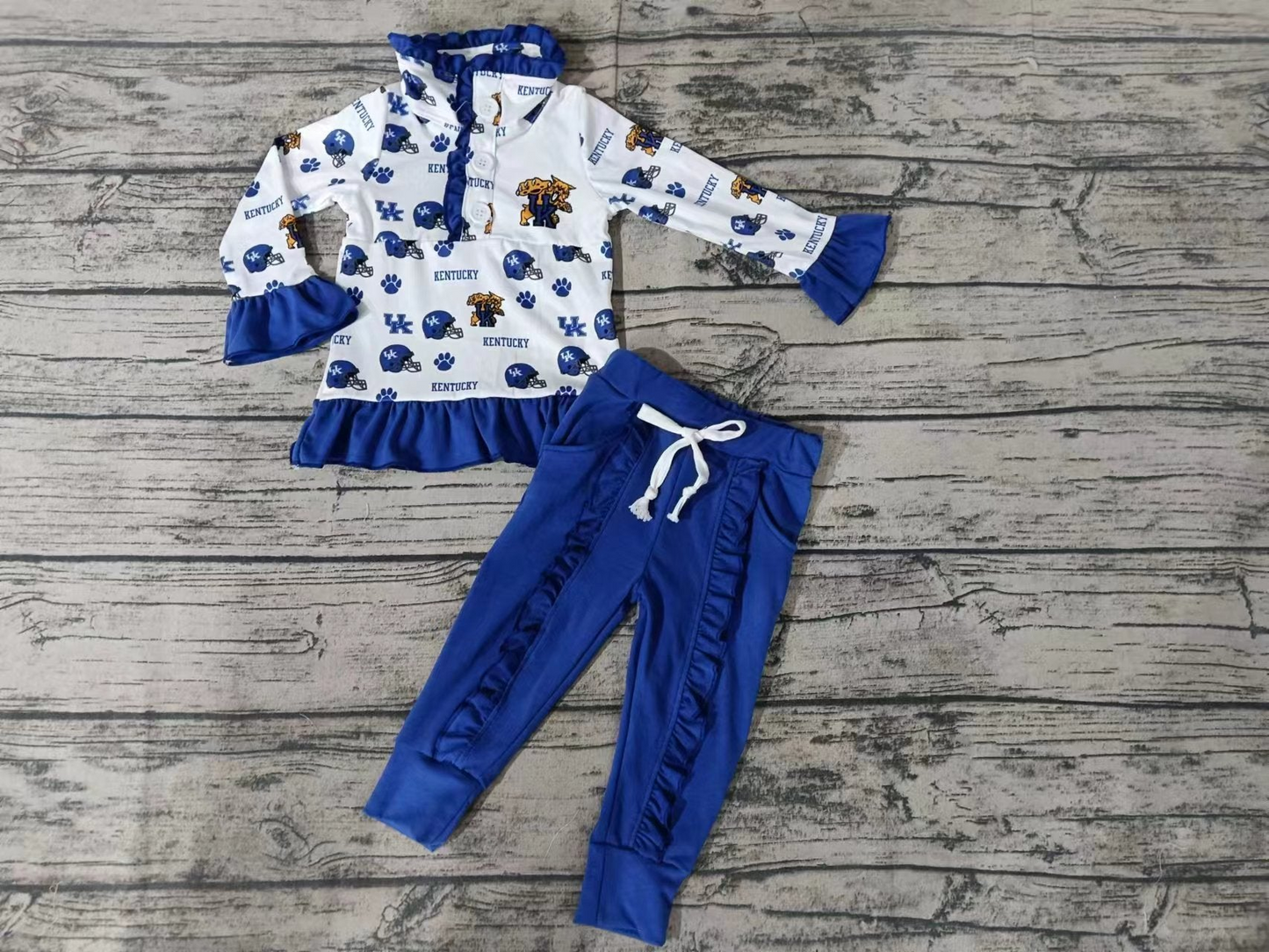 Baby Girl Long Sleeves Team Tiger Shirt Blue Pants Clothes Set Moq 5