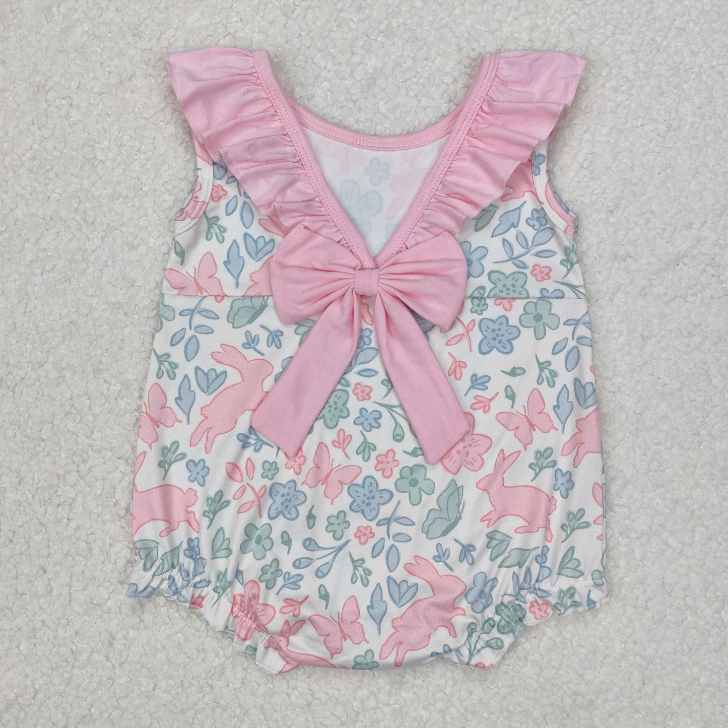 Baby Girl Infant Sleeveless Easter Rabbits Flower Pink Bow Bubble Romper RTS