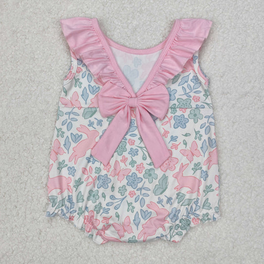 Baby Girl Infant Sleeveless Easter Rabbits Flower Pink Bow Bubble Romper RTS