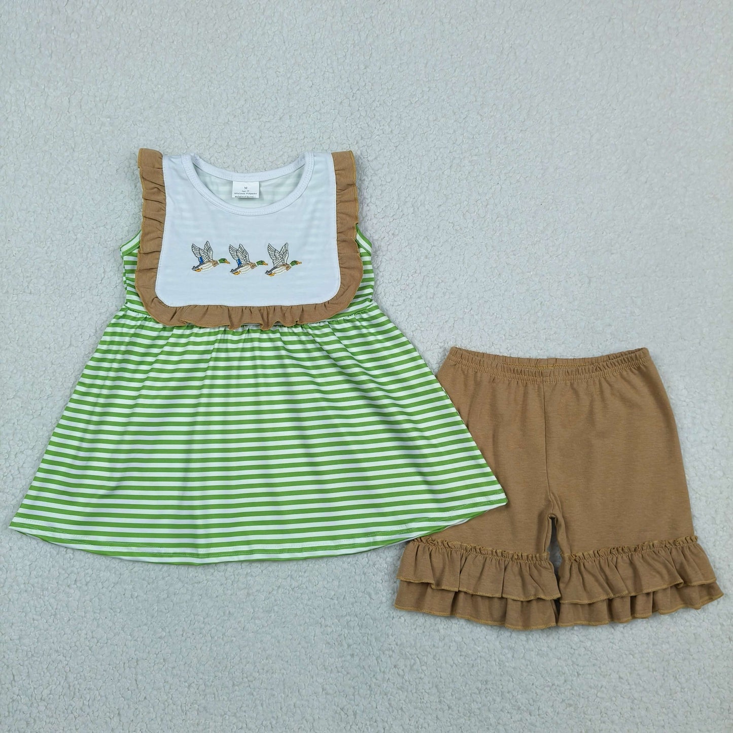 Baby Girls Kids Embroidery Ducks Green Stripes Tunic Ruffle Shorts Set RTS