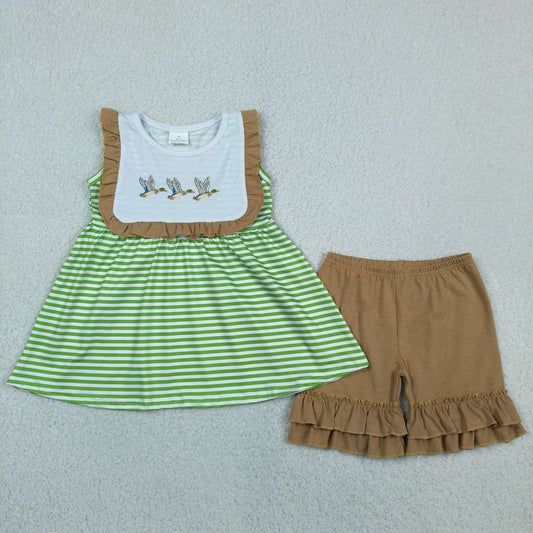 Baby Girls Kids Embroidery Ducks Green Stripes Tunic Ruffle Shorts Set RTS