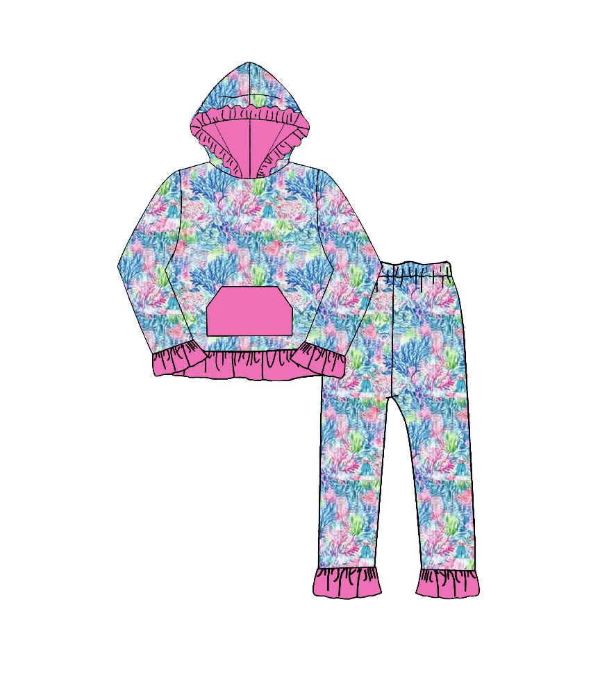 ( Moq 5 ) Preorder Baby Girls Kids Long Sleeves Flower Pocket Hoodie Pullover Pants Set Clothes
