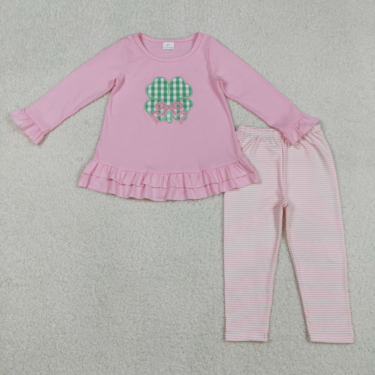 Baby Girl Long Sleeves St Patrick Embroidery Clover Bow Tunic Stripes Legging Clothes Pink Set RTS