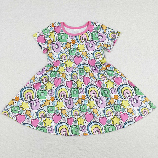 GSD0537 Baby Girl St. Patrick's Day Hearts Rainbow Short Sleeves Twirl Dress