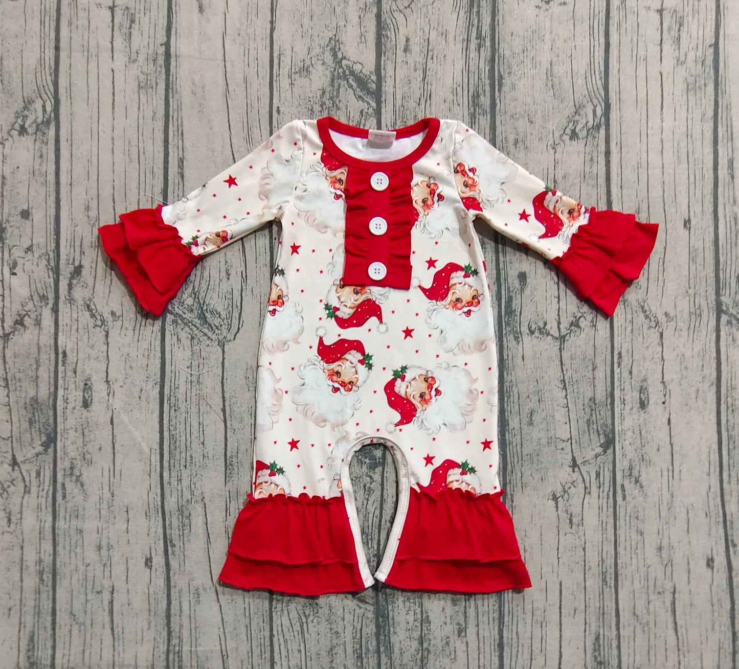Baby Girl Long Sleeves Christmas Santa Red Ruffle Buttons Romper RTS
