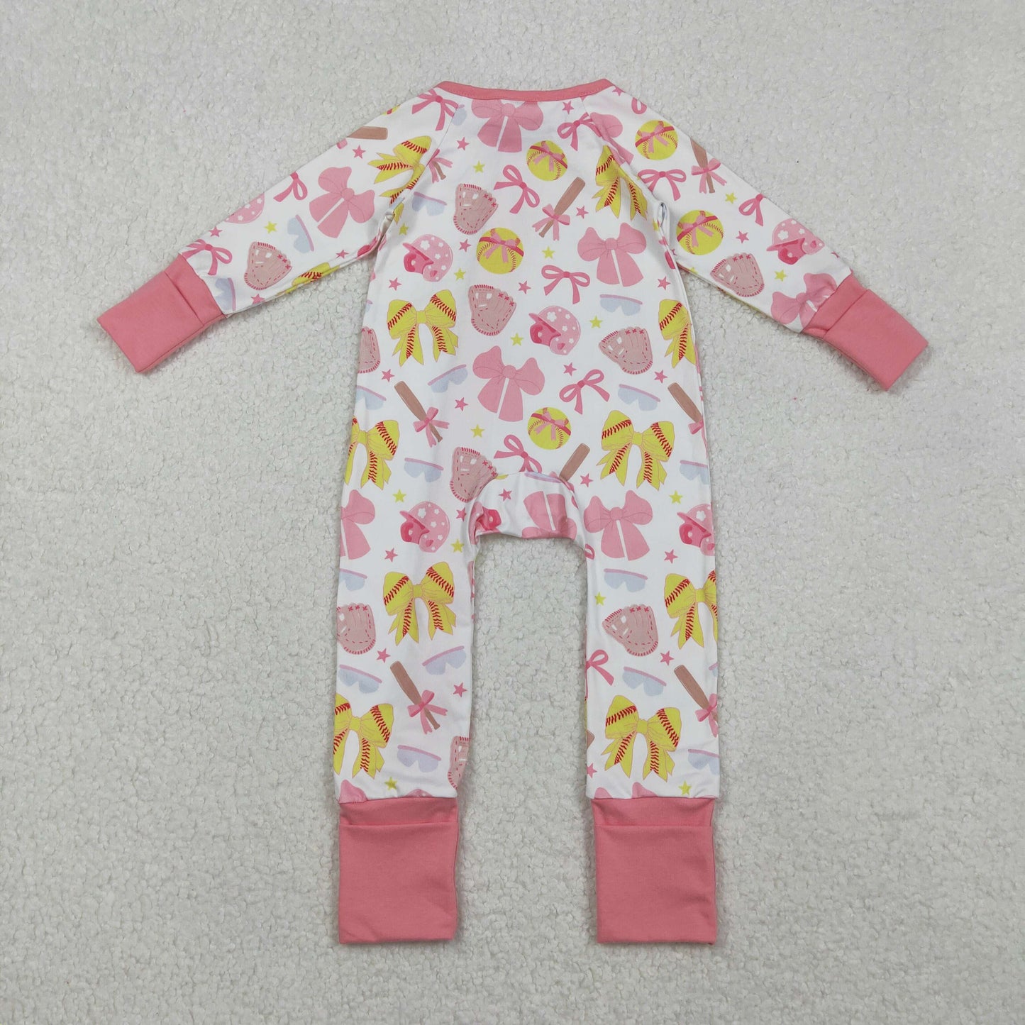 Girls Infant Long Sleeves Softball Bows Zipper Sleeper Romper RTS