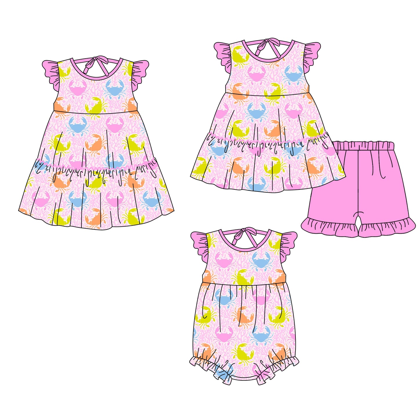 ( Moq 5 Each Style ) Sibling Baby Girls Kids Short Sleeves Crabs Romper Dress Set Summer Clothes