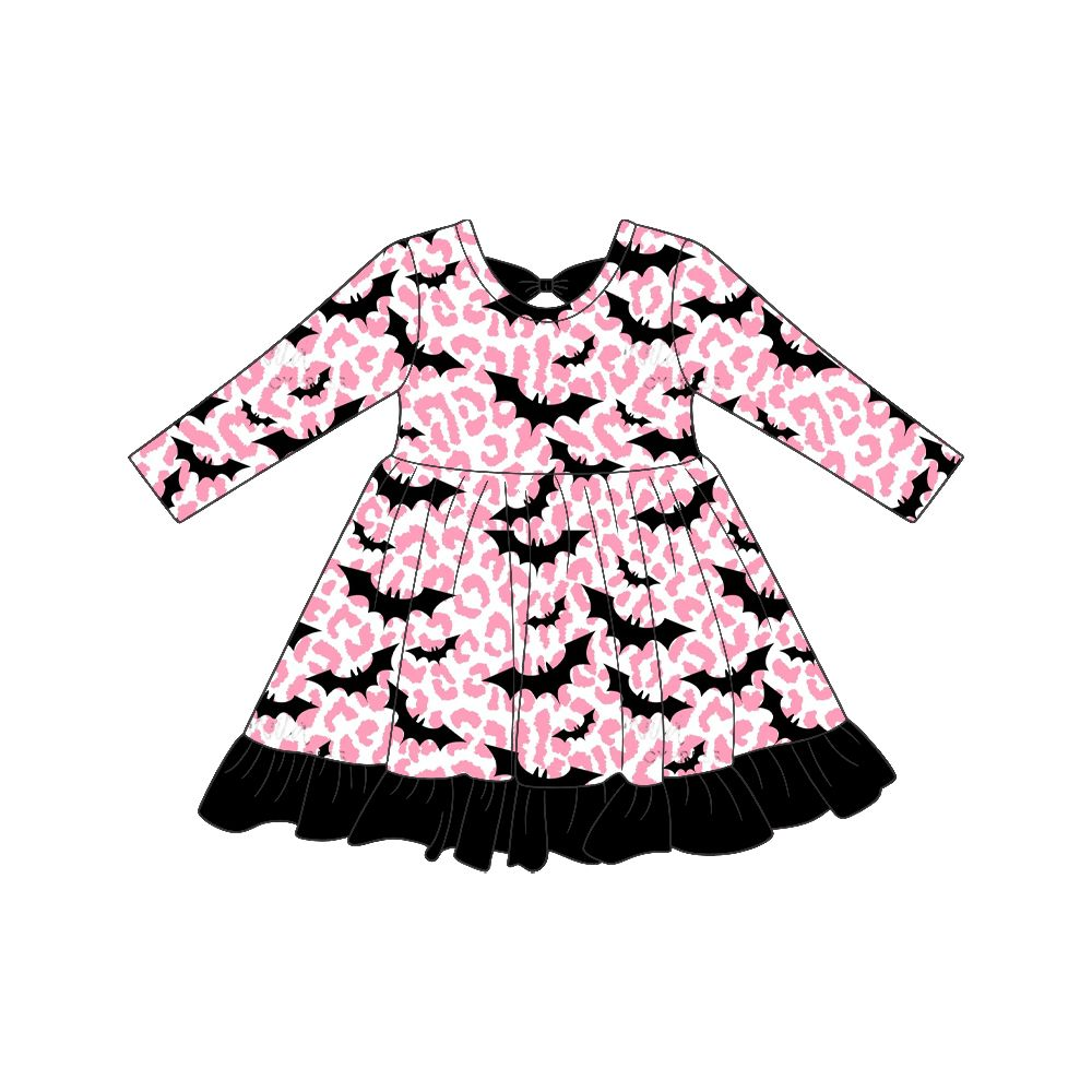 ( Moq 5 ) Preorder Baby Girls Kids Long Sleeves Bats Leopard Halloween Knee Length Dress