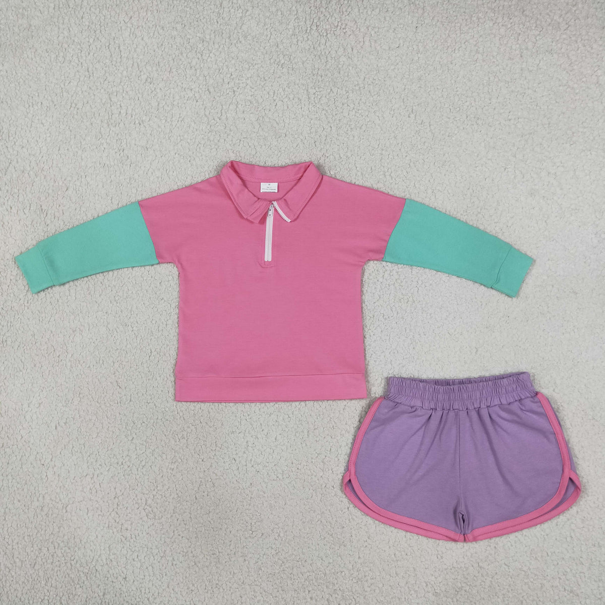 Toddler Girls Color Block Half Zip Collar Sweatshirt Athletic Shorts Cotton Set RTS