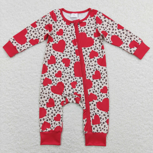 LR0775 Baby Girl Valentine's Day Long Sleeves Hearts Leopard Zipper Romper