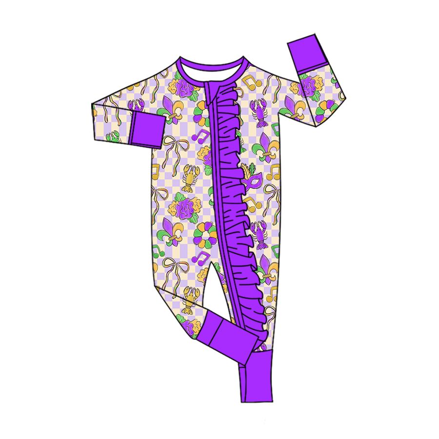 ( Moq 5 ) Preorder Baby Girls Kids Crawfish Bows Mardi Gras Zipper Footie Sleeper Romper Clothes