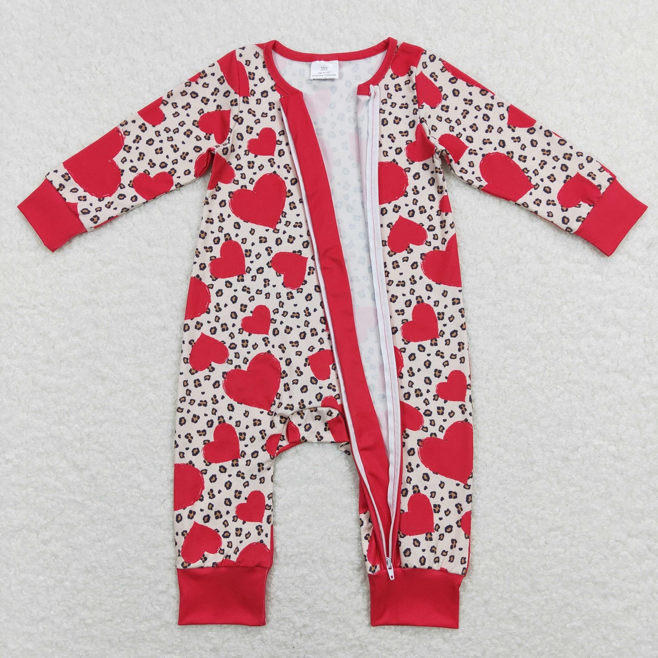LR0775 Baby Girl Valentine's Day Long Sleeves Hearts Leopard Zipper Romper