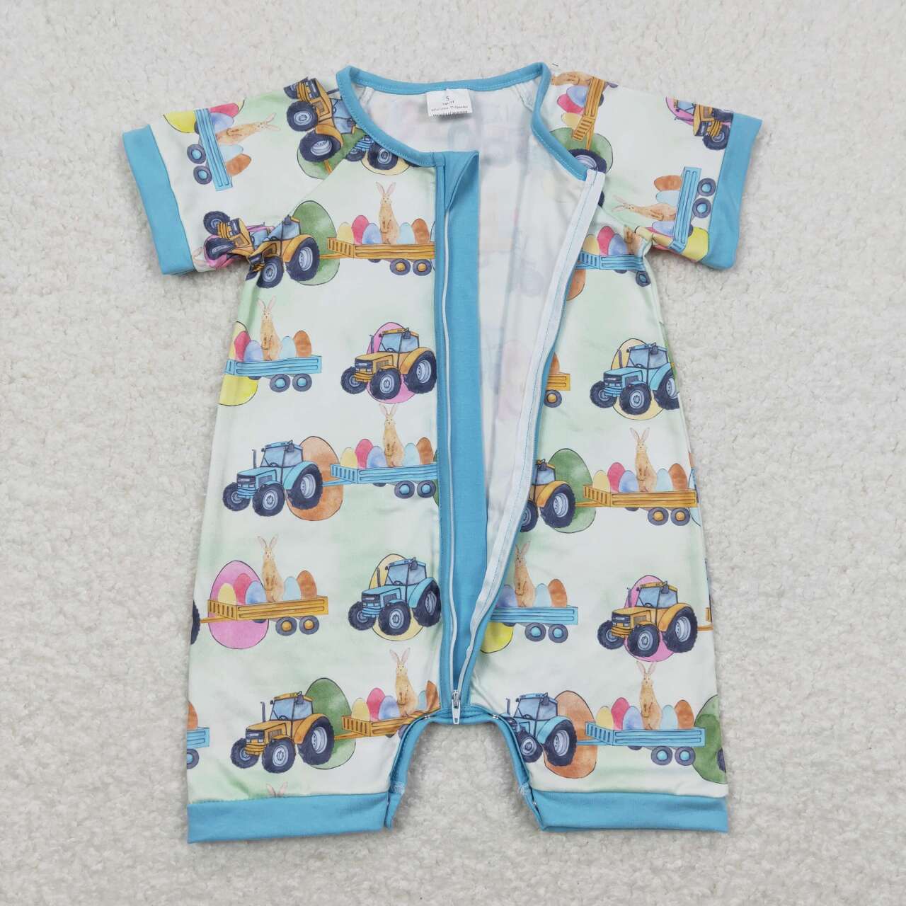 Baby Boy Easter Short Sleeves Rabbits Eggs Tractor Zipper One Piece Romper