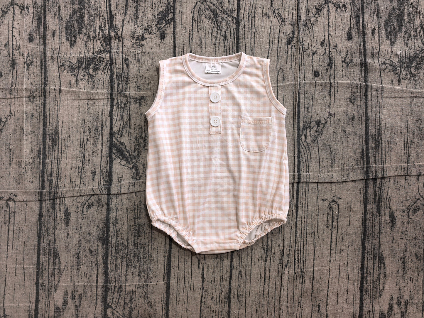 ( No moq ) Preorder Baby Boy Infant Sleeveless Khaki Plaid Pocket Summer Bubble Romper