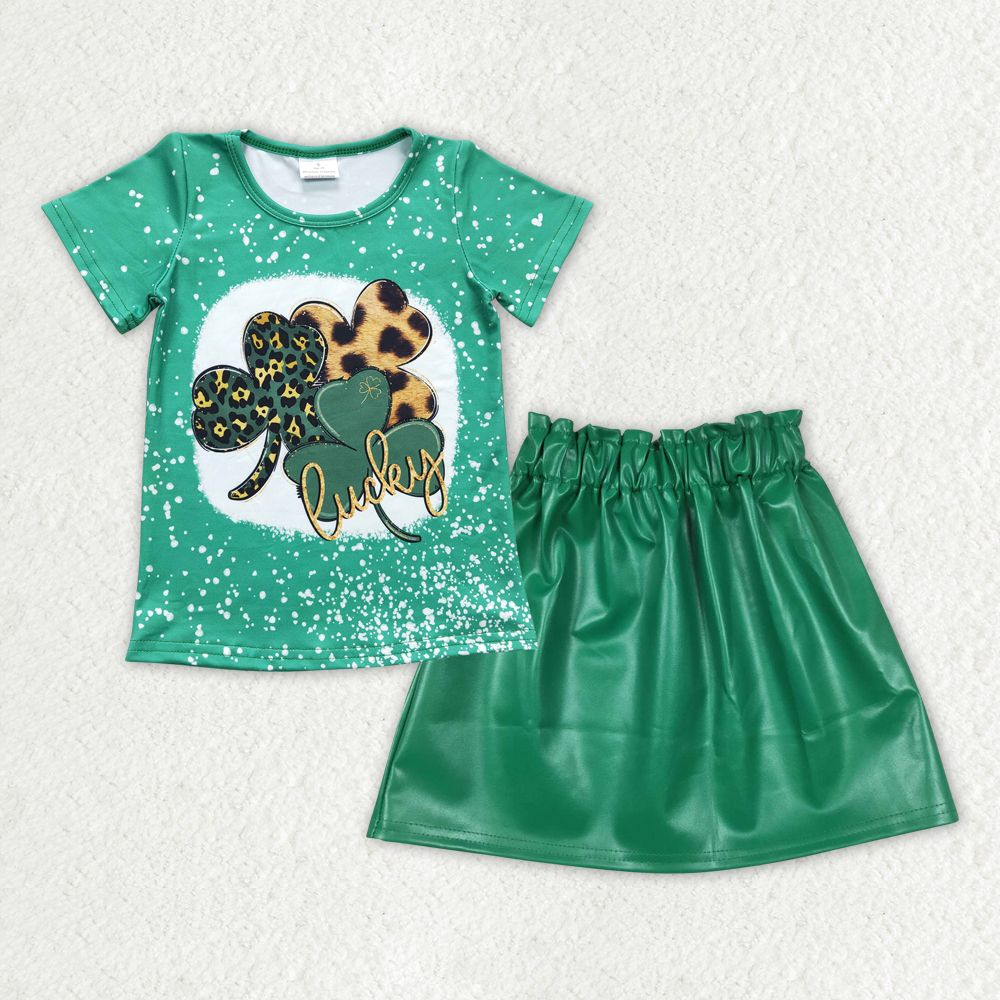 GSD0853 St. Patrick's Day Baby Girl Short Sleeves Shirt Green Leather Skirt Set