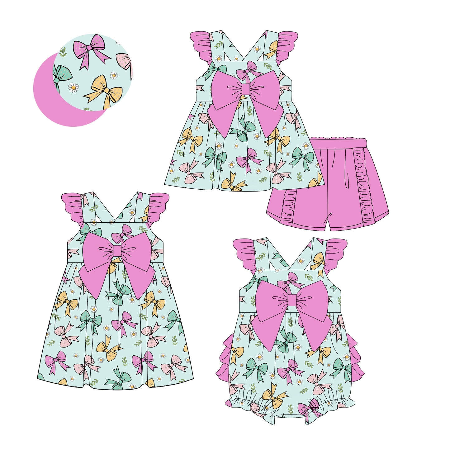 Baby Girl Short Sleeves Bows Summer Sibling Romper Dress Set ( Moq 5 Each Style ) 4.2