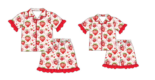 Baby Girl Toddler Adult Women Short Sleeves Strawberry Bows Hearts Sibling Family Pajamas Set ( Moq 5 Each Style ) 12.23
