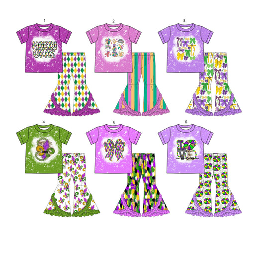 ( Moq 5 Each Style ) Girls Kids Short Sleeves Anchors Bows Shirt Ruffle Pants Mardi Gras Set