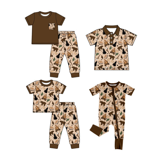 ( Moq 5 Each Style ) Baby Boy Toddler Short Sleeves Bear Sibling Brown Shirt Romper Set 4.25