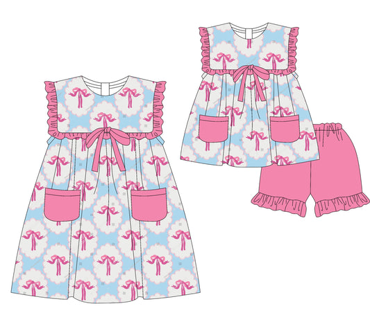 Baby Girl Ruffle Pink Bows Pockets Sibling Dress Set ( Moq 5 Each Style ) 3.5