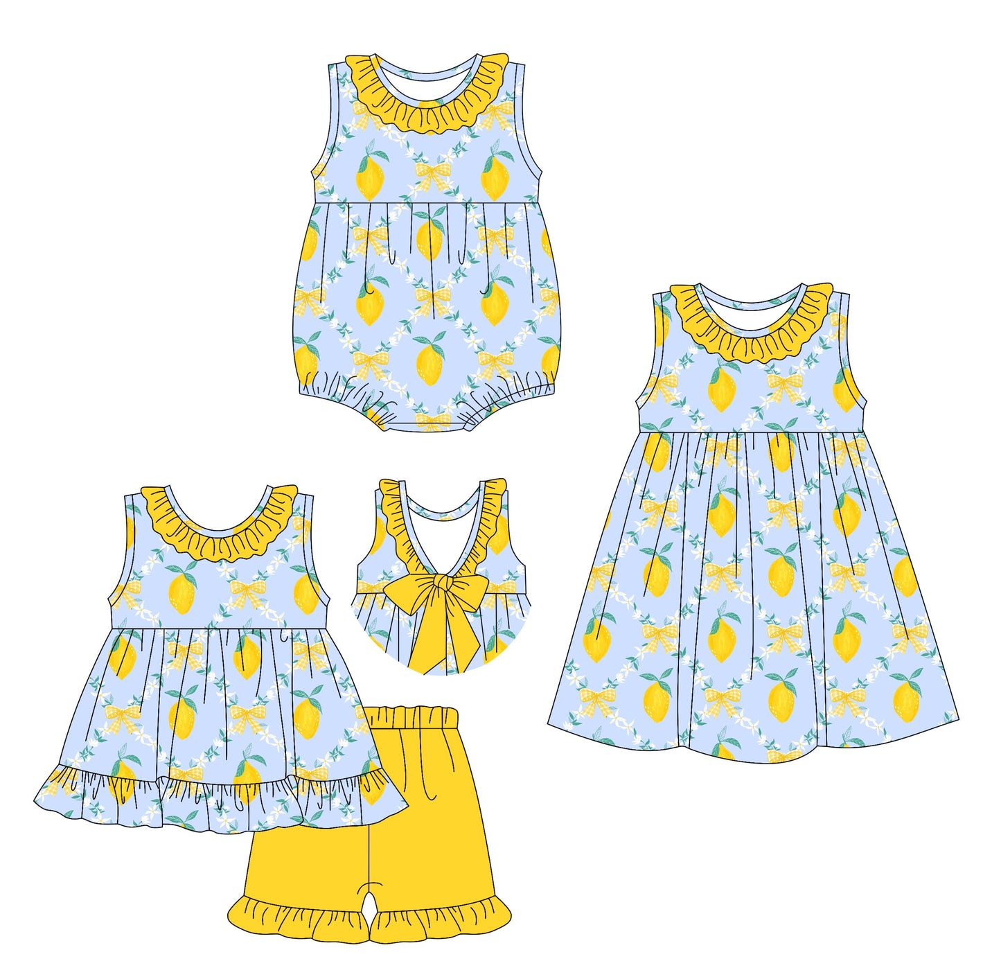 ( Moq 5 Each Style ) Baby Girl Lemon Yellow Bows Sibling Romper Dress Set 3.28