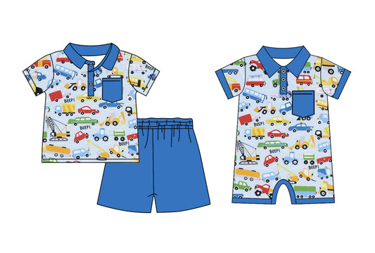 Baby Boy Short Sleeves Sibling Construction Blue Romper Clothes Set ( Moq 5 Each Design )11.25