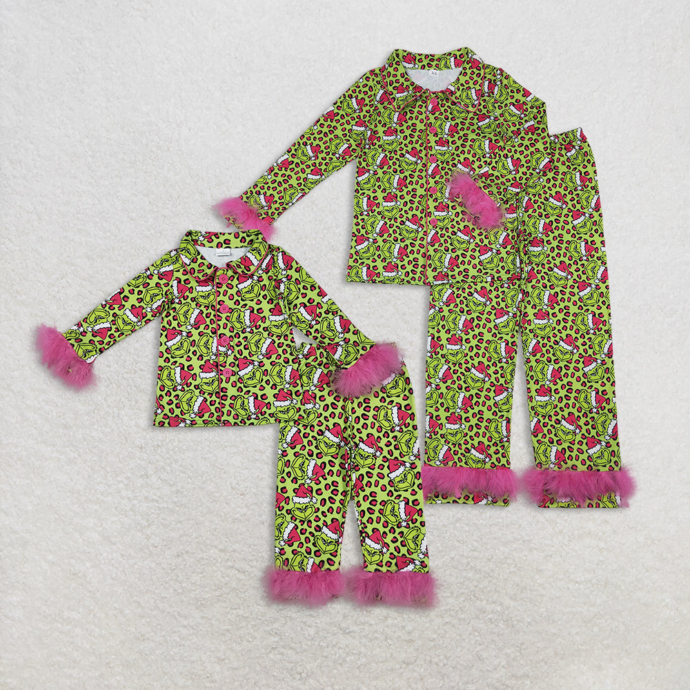 Sibling Baby Girls Adult Women Green Face Leopard Buttons Shirt Pants Christmas Fur Pajamas Set RTS