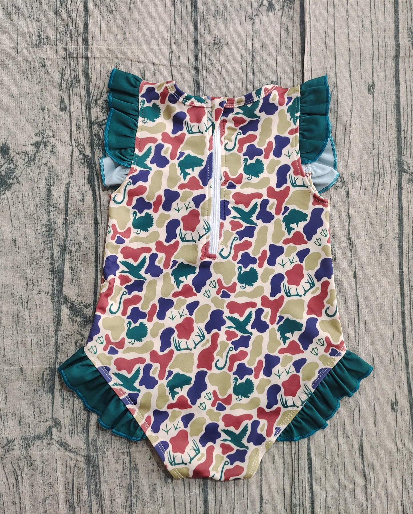 Baby Girls Deer Ducks Camo Green Ruffle One-piece Swimsuit RTS