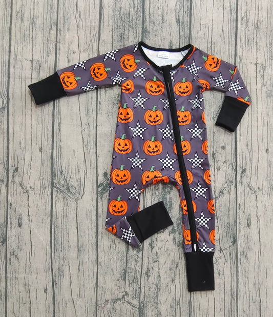 Preorder Baby Boy Long Sleeves Halloween Pumpkins Stars Zipper Romper( No moq )