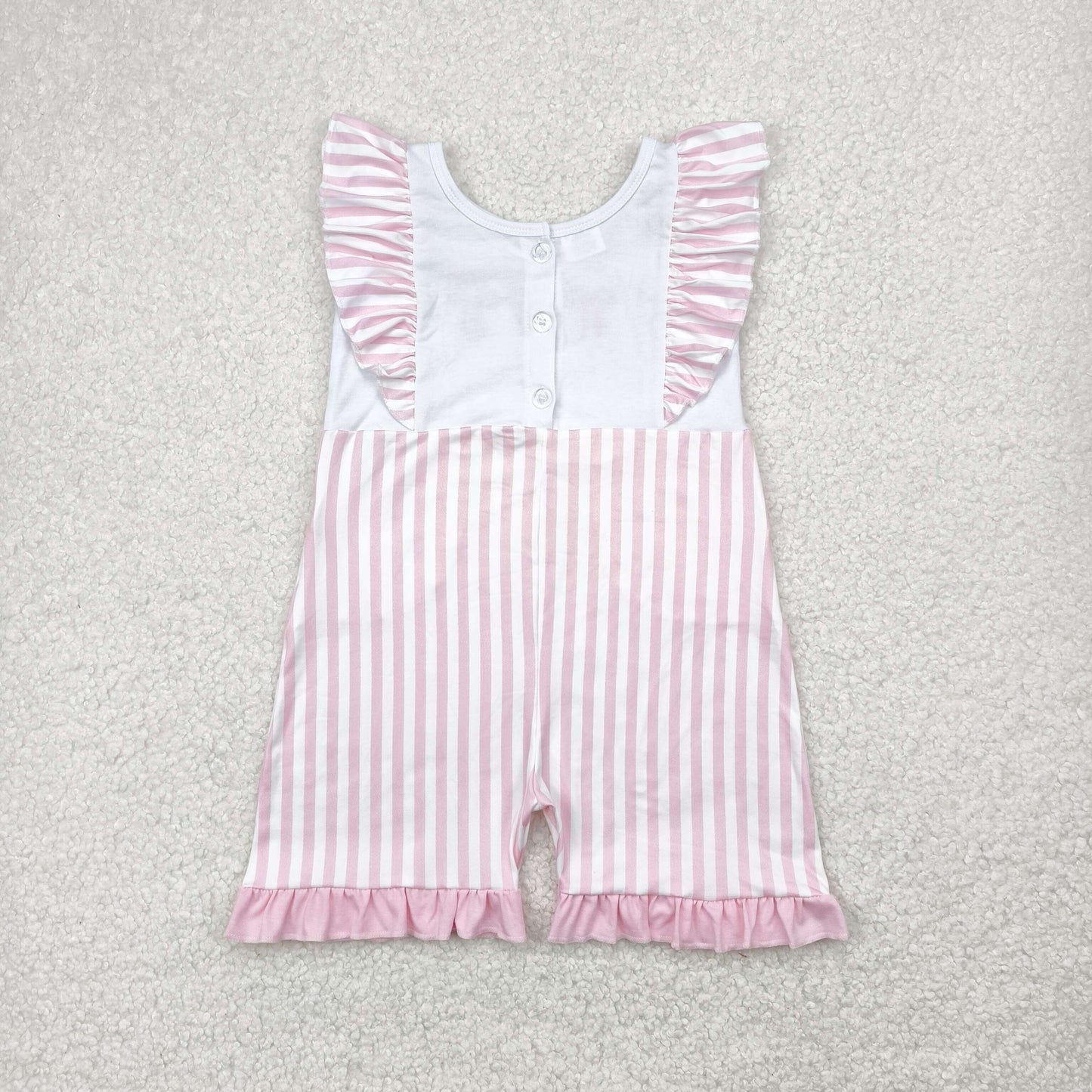 Baby Girl Short Sleeves Embroidery Pink Bows Stripes Pockets Jumpsuit RTS
