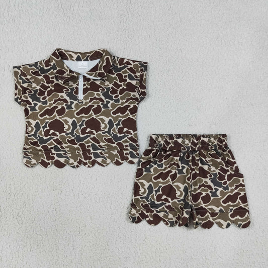 Baby Girls Kids Short Sleeves Camo Zipper Shirt Scallop Shorts Set Clothes RTS