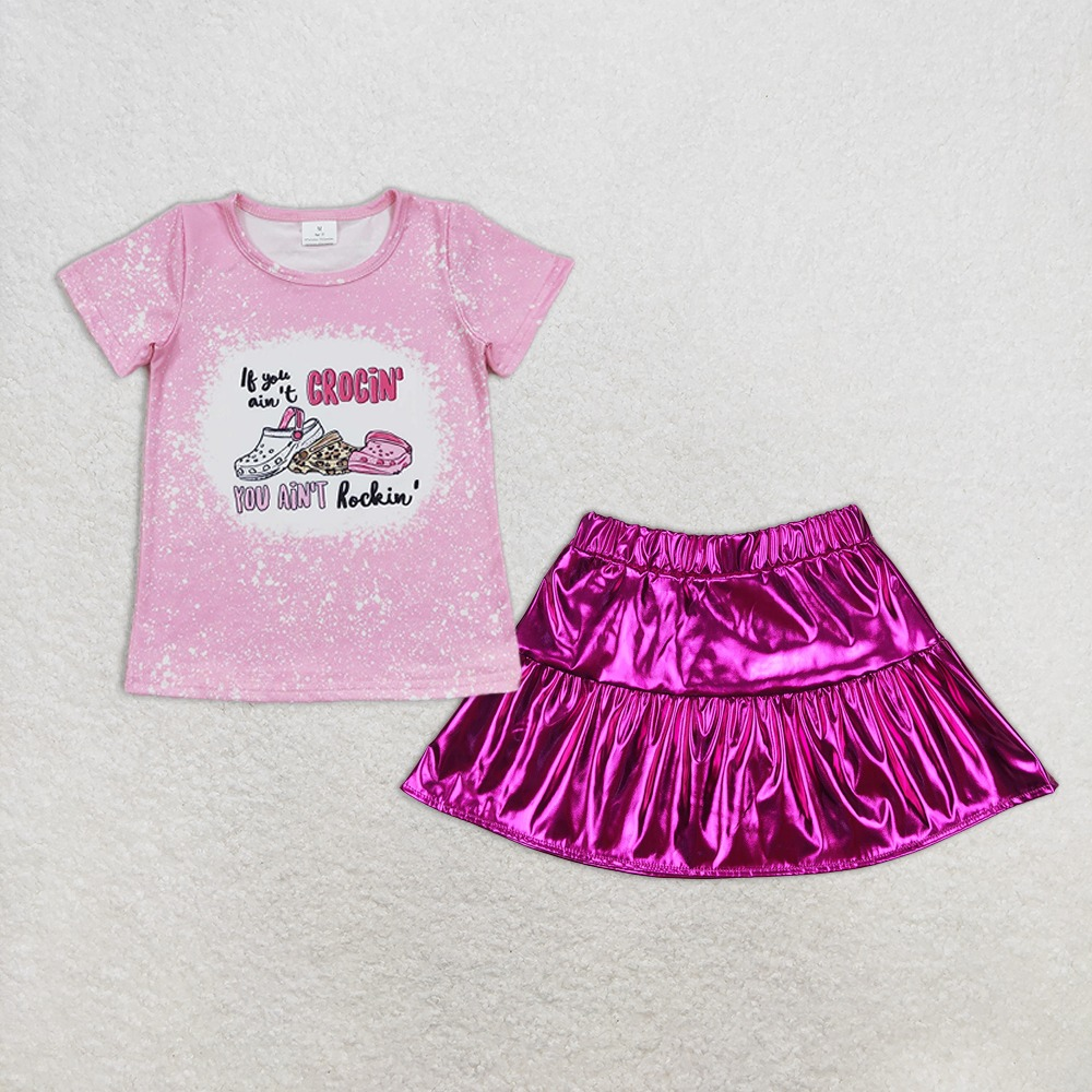 Baby Girl Short Sleeves Shoes Shirt Purple Leather Skirt Set RTS