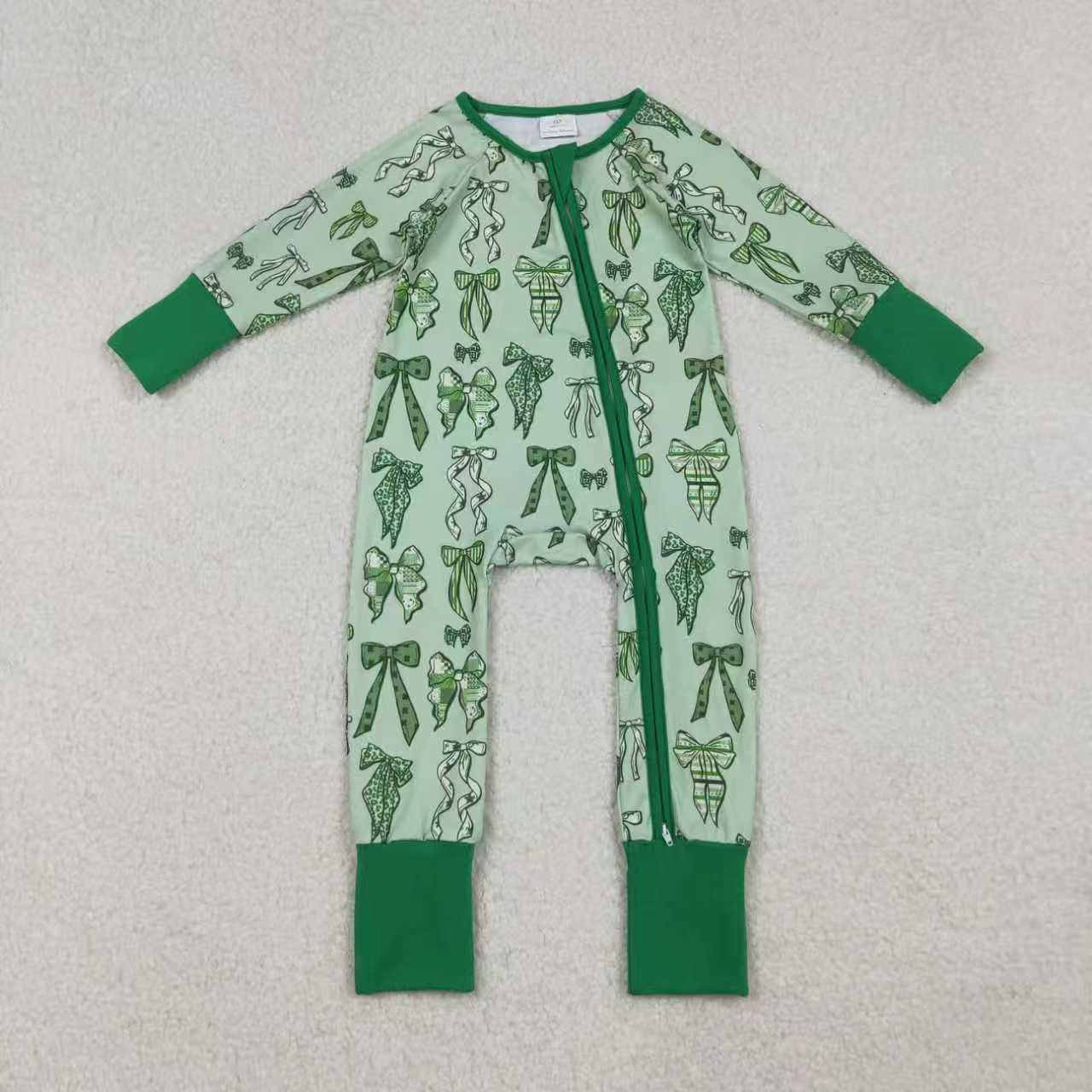 Sibling Girls Kids Long Sleeves Green Clovers Bows St Patrick Zipper Romper Pajamas Set RTS